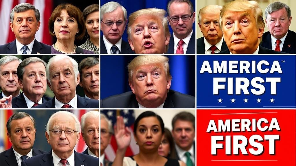 A montage of diverse reactions from the international community. One panel shows hopeful faces looking towards a potential ceasefire. Another panel shows skeptical and alarmed world leaders in discussion. A third panel features a prominent 'America First' slogan, causing a geopolitical shift.