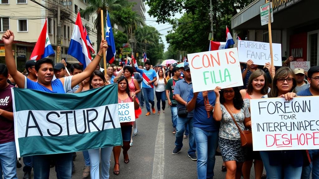 A vivid street scene in Honduras, capturing a nation divided: on one side, enthusiastic supporters of Asfura celebrating with flags and cheers; on the other, a group of protestors with signs decrying foreign interference, illustrating the mixed public reaction.