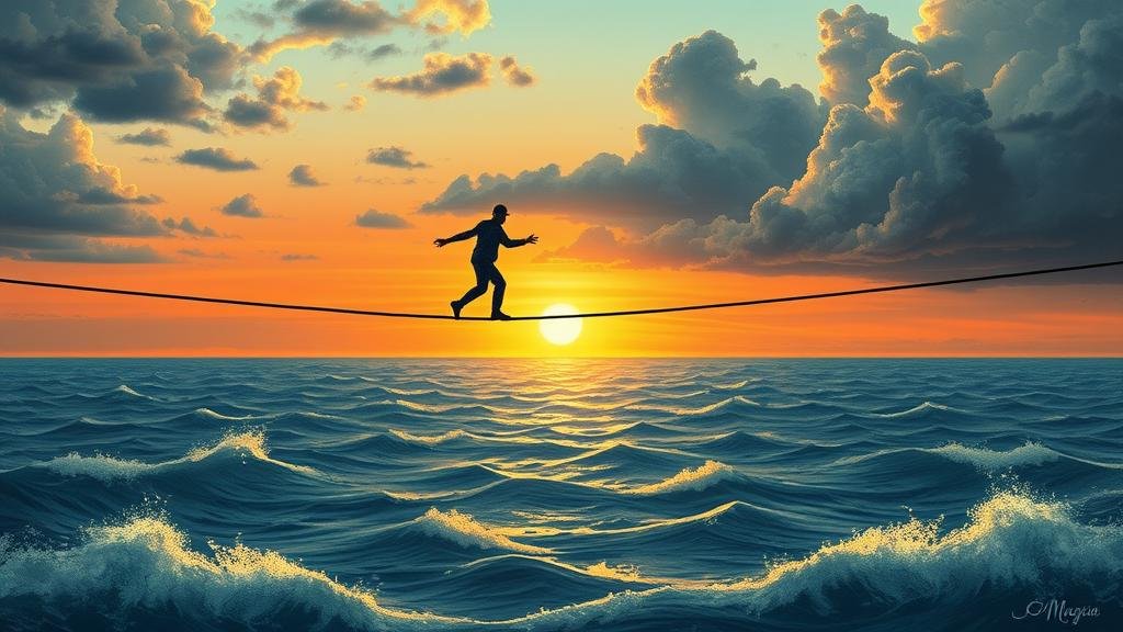 A metaphorical illustration of back-channel diplomacy: a tightrope walker navigating a high wire between Washington D.C. and Moscow, symbolizing the risky and delicate balance of this unofficial peace mission.