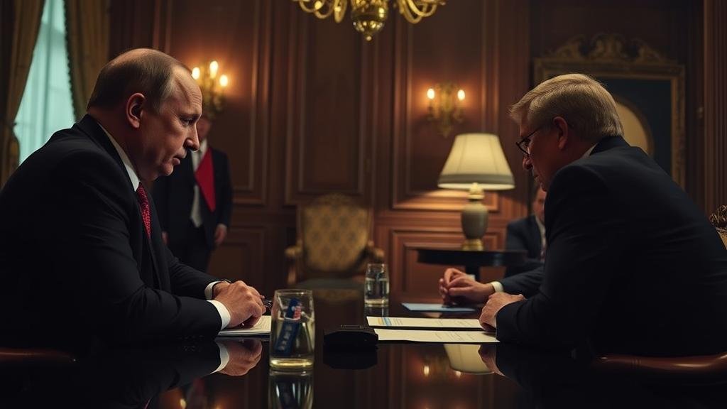 A dramatic, dimly lit scene inside the Kremlin, where Russian President Vladimir Putin is engaged in a serious, four-hour-long discussion with American real estate developer Steve Witkoff and former White House advisor Jared Kushner, highlighting the high-stakes nature of this back-channel diplomacy.