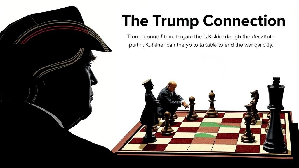 A silhouette of Donald Trump watches a chess game played with figures of Putin, Kushner, and Witkoff, suggesting a strategic, high-stakes game of geopolitical chess.