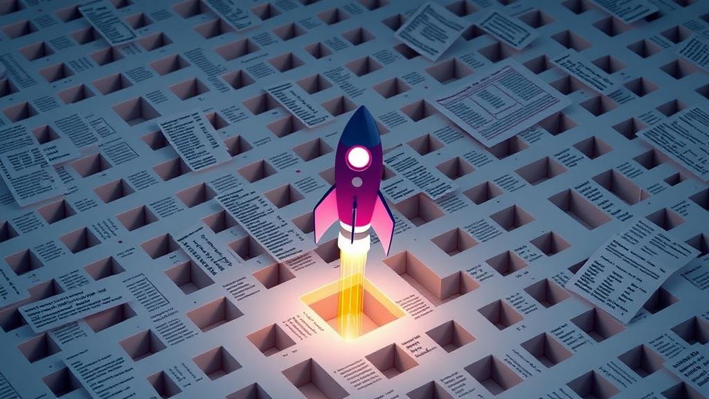 An AI-powered rocket skillfully navigating through an intricate maze made of legal documents and regulatory text.