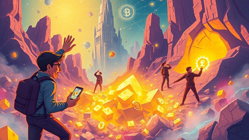 A dynamic scene of an 'AI Gold Rush,' with people mining for glowing digital data streams in a futuristic landscape.