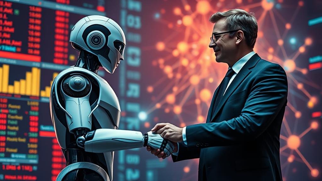 A sleek AI robot shaking hands with a powerful lawyer in a futuristic setting with glowing stock tickers.