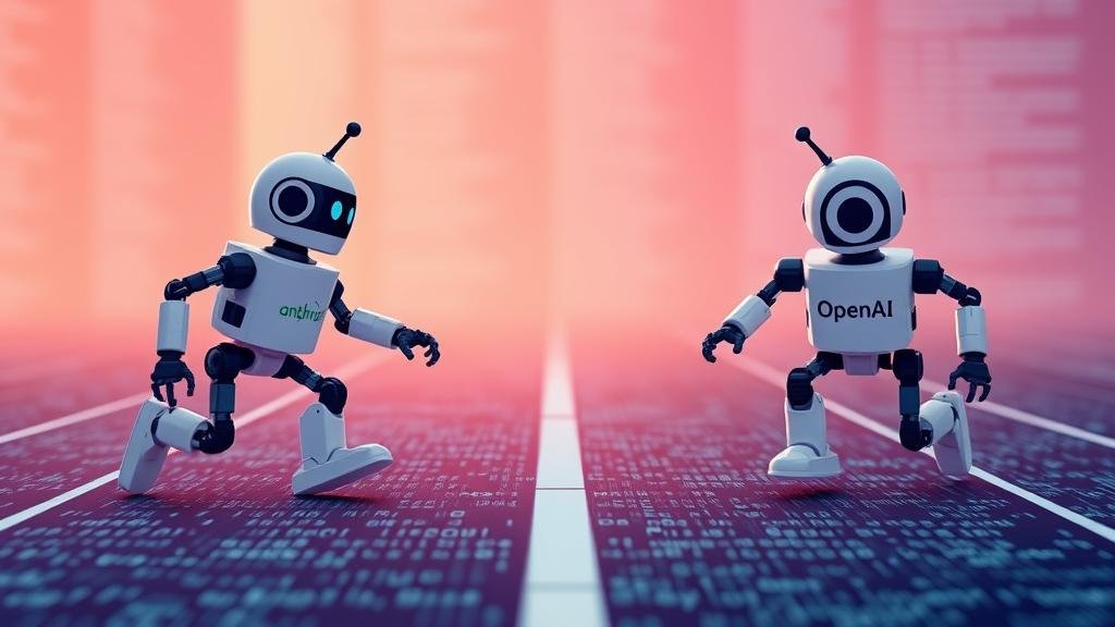 Two stylized robots, one with the Anthropic logo and the other with the OpenAI logo, engaged in a race on a track made of computer code, depicting the AI arms race.