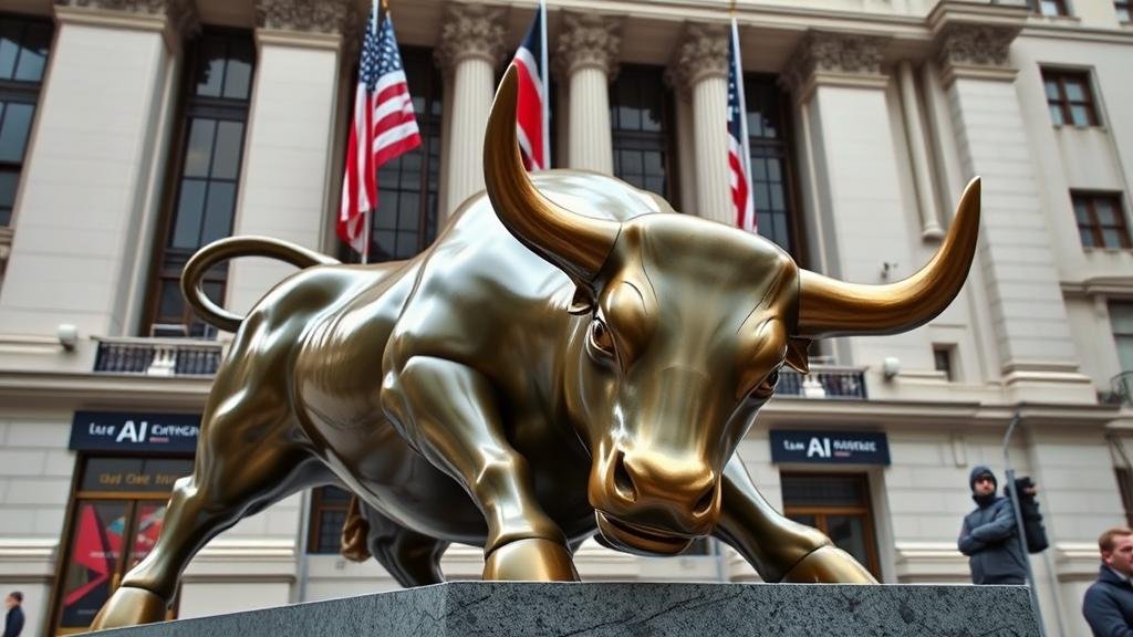 A bull market statue in front of a stock exchange building that has 'AI' displayed prominently, symbolizing the massive investor appetite for an Anthropic IPO.