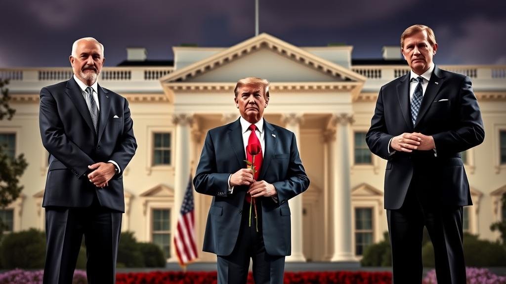 A dramatic reality TV show scene with the President offering a rose to either Jerome Powell or Kevin Hassett, symbolizing the choice for Fed Chair.