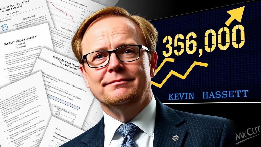 Dynamic portrait of economist Kevin Hassett with a stock ticker showing 'Dow 36,000' and tax cut documents in the background.