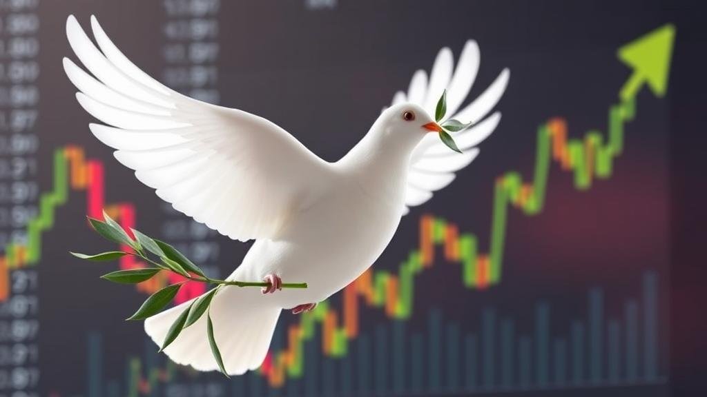 A symbolic image of a dove holding an olive branch with a rising stock market chart in the background, representing a dovish economic policy focused on growth.
