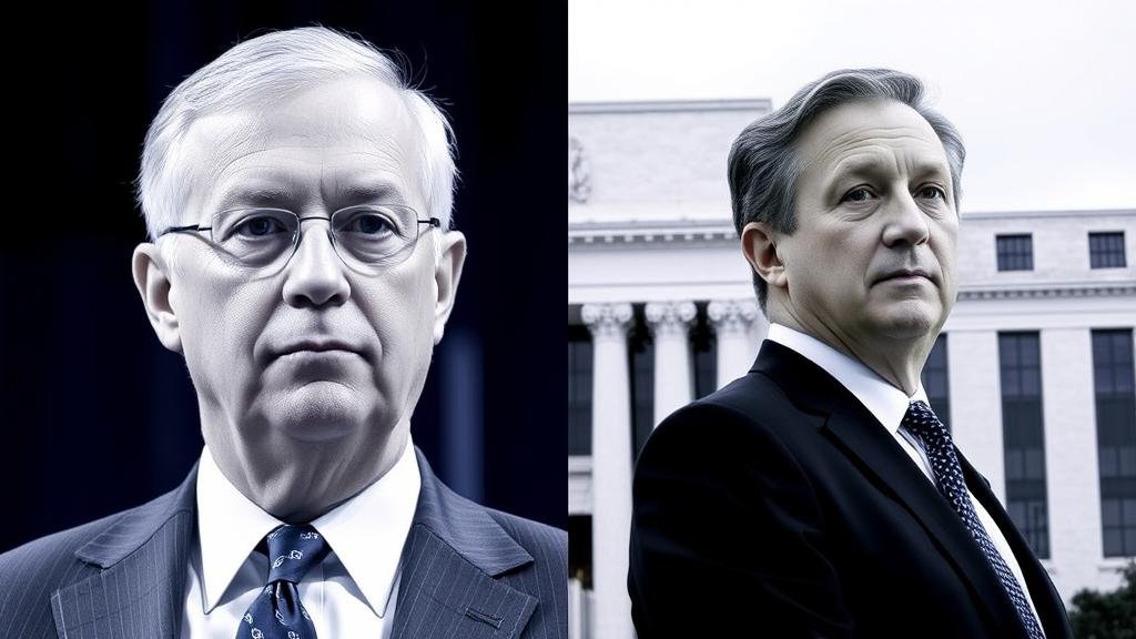 A split image showing current Fed Chair Jerome Powell on one side and potential nominee Kevin Hassett on the other, with a backdrop of the Federal Reserve building.