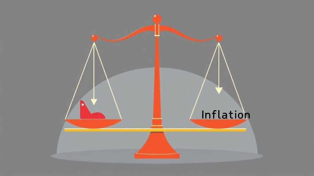 An illustration of a balancing scale with 'Interest Rates' going down on one side and 'Inflation' going up on the other, symbolizing the trade-offs of a dovish policy.