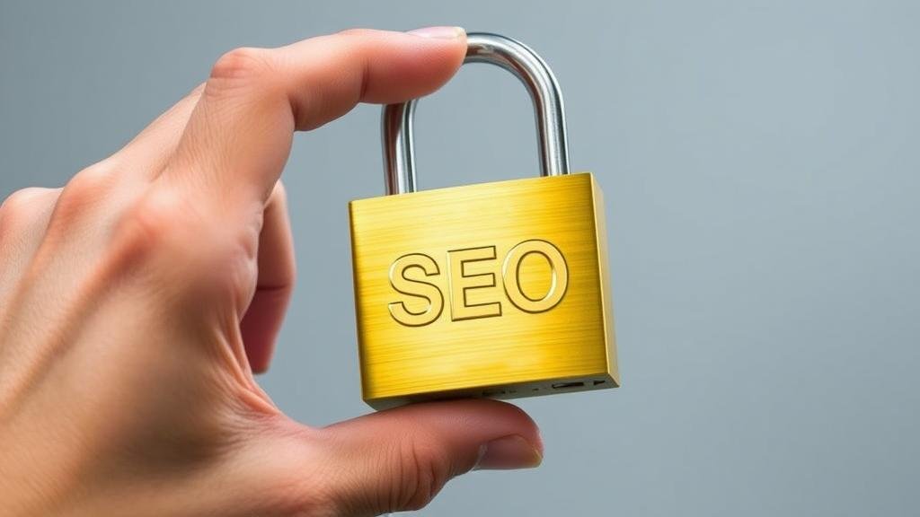 A close-up of a hand inserting a key into an old-fashioned padlock that has the letters 'SEO' engraved on it, with light glowing from the keyhole.