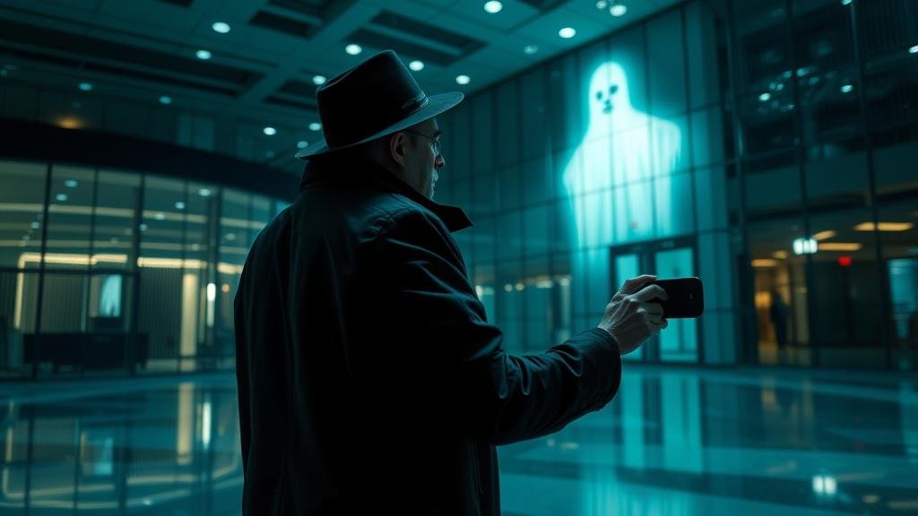A detective with a magnifying glass searching for a faint ghost figure in a modern, glass-walled corporate building.