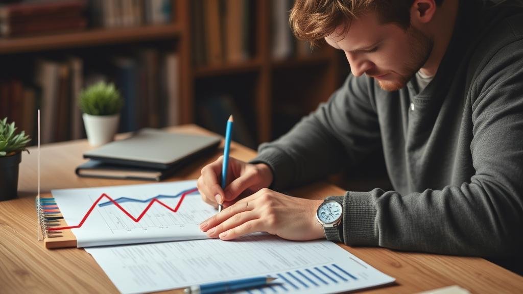 An illustration of a writer at a desk, with a line graph showing a sharp upward trend, representing Google Trends, rising from their laptop screen.