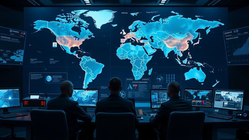 A futuristic NATO command center, with military strategists analyzing a holographic world map that displays troop movements, satellite feeds, and real-time data on cyber threats. The image should convey a sense of high-tech readiness and proactive intelligence gathering.