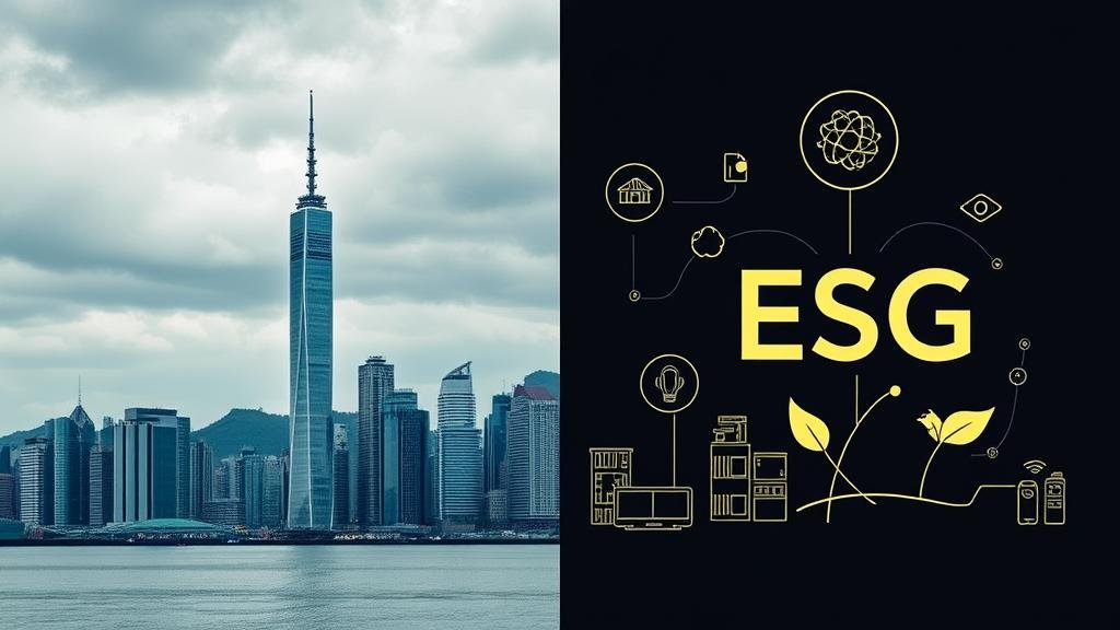 A split-panel image showing the London and Hong Kong skylines next to symbols of technology and environmental sustainability, outlining HSBC's future priorities.