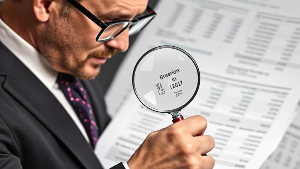 An expert in a suit holds a magnifying glass over a complex financial report, revealing a hidden detail and symbolizing Brendan Nelson's deep knowledge from KPMG.