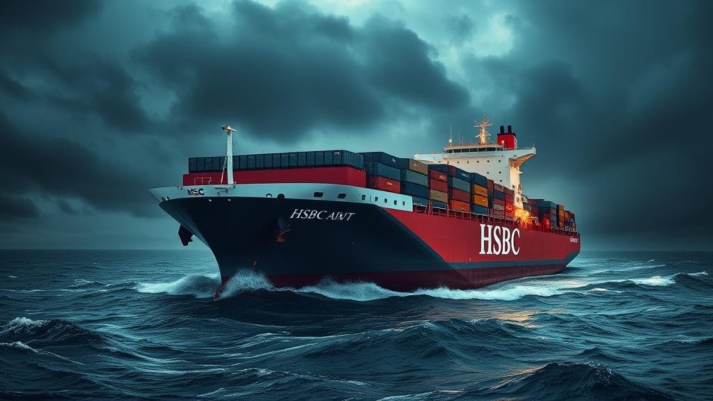 A powerful and symbolic image of a large, modern cargo ship with the HSBC branding steadily sailing through a dramatic, stormy sea, representing stability and resilience in turbulent financial times. The ship is a beacon of reliability.