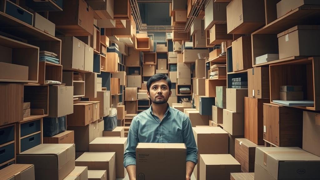 A person looking bewildered inside a maze made of furniture and boxes, symbolizing the confusing journey of products through international trade.