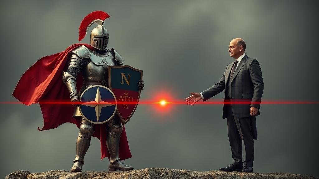An allegorical image depicting the delicate balance of NATO's new strategy. On one side, a powerful, armored knight representing NATO stands firm, holding a shield and a spear, symbolizing strength and readiness. On the other side, a diplomat extends a hand for a handshake, representing the importance of open communication and de-escalation. The two figures are separated by a thin, glowing red line.