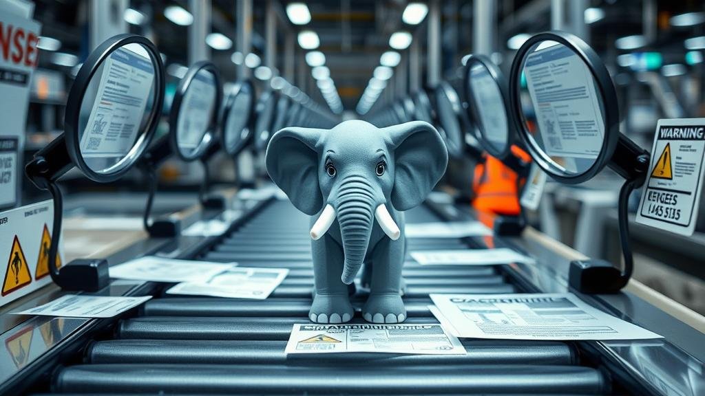 A toy elephant on a conveyor belt being scrutinized by magnifying glasses and surrounded by warning labels and paperwork, illustrating the 'case study' of a product's journey.