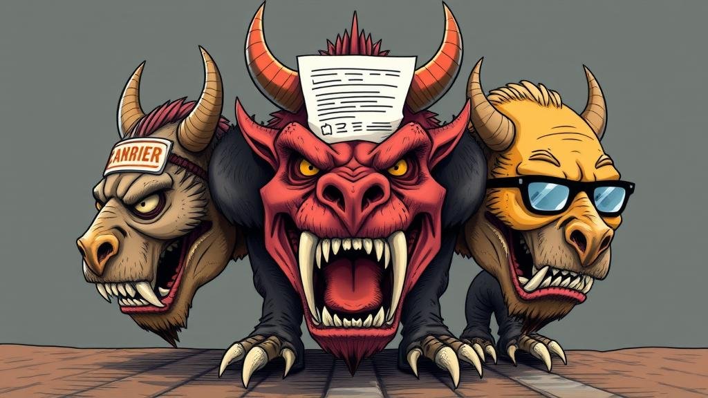 A multi-headed beast where each head represents a different type of non-tariff barrier: one with confusing labels, one with complex paperwork, and one with conflicting technical standards, to visualize the complex challenges businesses face.