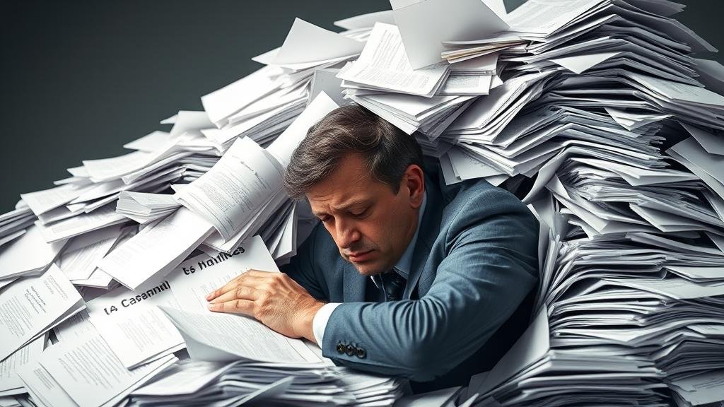 A small business owner looking defeated and buried under a mountain of paperwork, to illustrate the disproportionate impact of bureaucracy on small and medium-sized enterprises.