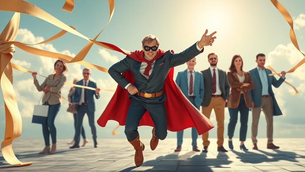A superhero character cutting through red tape, leading a group of business owners towards a brighter, more integrated European market, representing the solution and hope provided by SOLVIT.