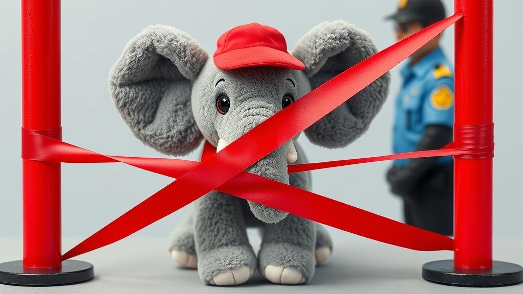 A plush toy elephant looking sad behind red tape at a border crossing, symbolizing trade barriers.
