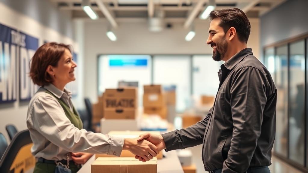 A small business owner looking defeated in a warehouse surrounded by boxes with ghostly chains labeled 'Customs Delays' and 'Paperwork'.