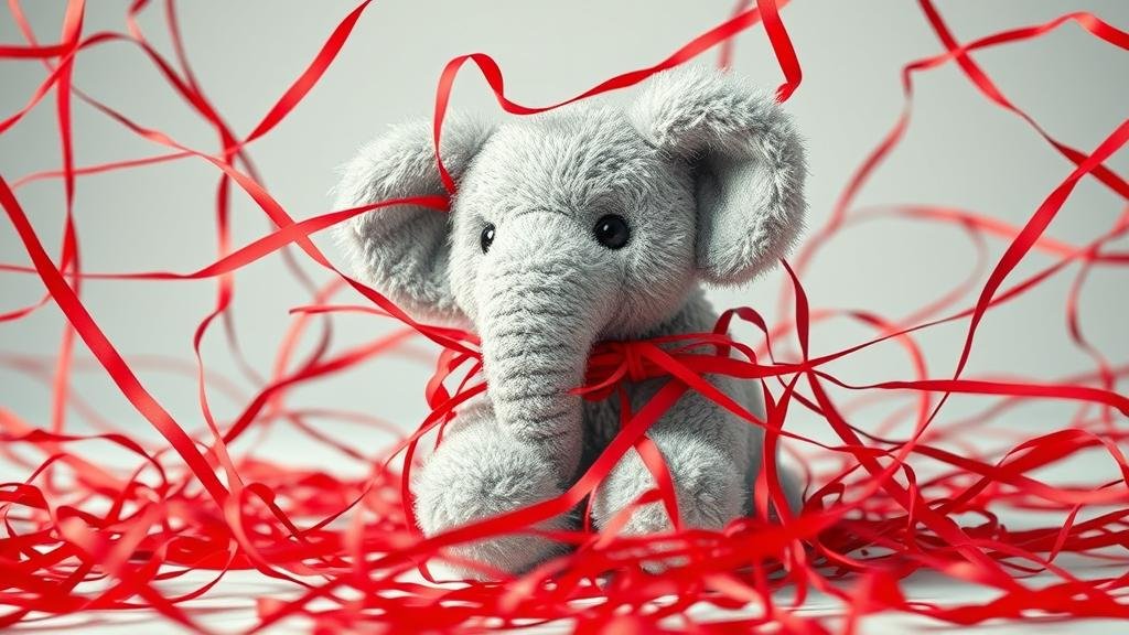 A small, fluffy stuffed elephant tangled in a web of complex red tape, symbolizing the complexities of international trade and non-tariff barriers.