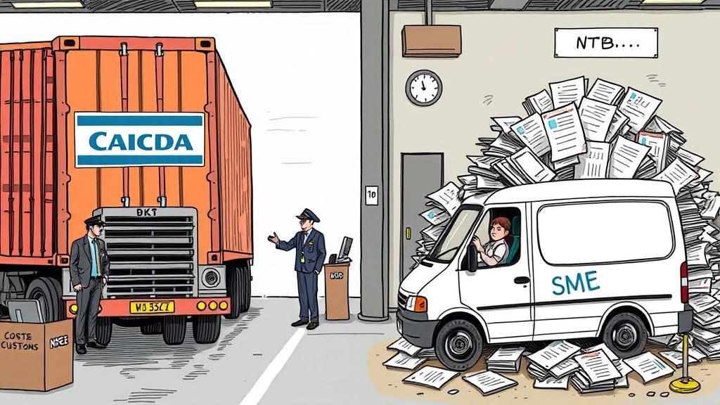 A detailed, humorous illustration of a customs office. A large corporate truck is waved through easily, while a small van labeled 'SME' is buried under a mountain of paperwork, representing how NTBs disproportionately affect small businesses.