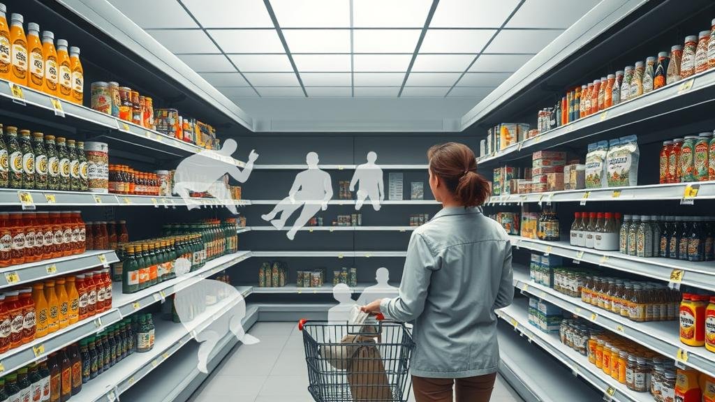 A symbolic image showing a shopper in a supermarket aisle looking at nearly empty shelves. Ghostly outlines of more diverse products float on the empty shelves, representing innovative goods from SMEs that never made it to market due to trade barriers.
