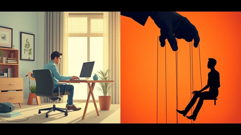 A digital art piece showing the duality of the gig economy: freedom on one side, and control by algorithms on the other.