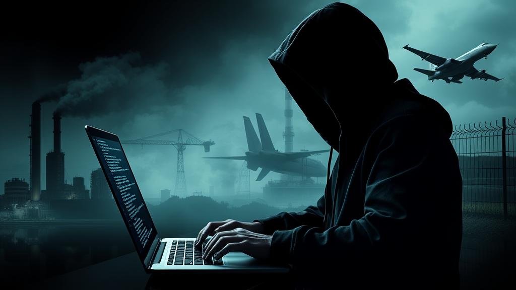 A dramatic, multi-layered composition illustrating the concept of hybrid warfare. In the foreground, a shadowy figure in a hoodie is typing on a laptop with code cascading down the screen, symbolizing cyberattacks. In the background, subtle images of a factory with smoke, a distorted social media feed, and a military jet flying close to a border should be woven together.