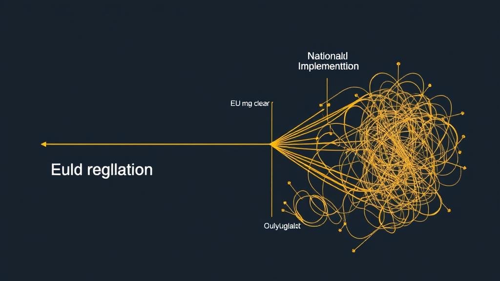 A stylized infographic showing a cartoon elephant comically stuck trying to get through a brick wall of red tape labeled Non-Tariff Barriers, blocking a path labeled EU Single Market.