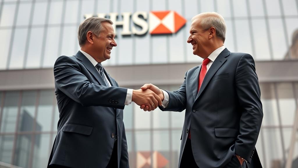 A symbolic image representing a seamless transition of leadership at HSBC, with a stylized passing of the baton between Mark Tucker and Brendan Nelson.