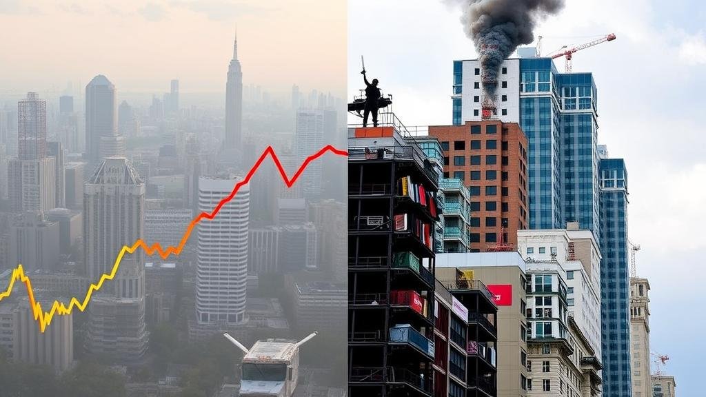 A split image showing falling energy prices and defense stocks on one side, and the rebuilding of a city on the other, representing the economic impact of a potential peace deal.