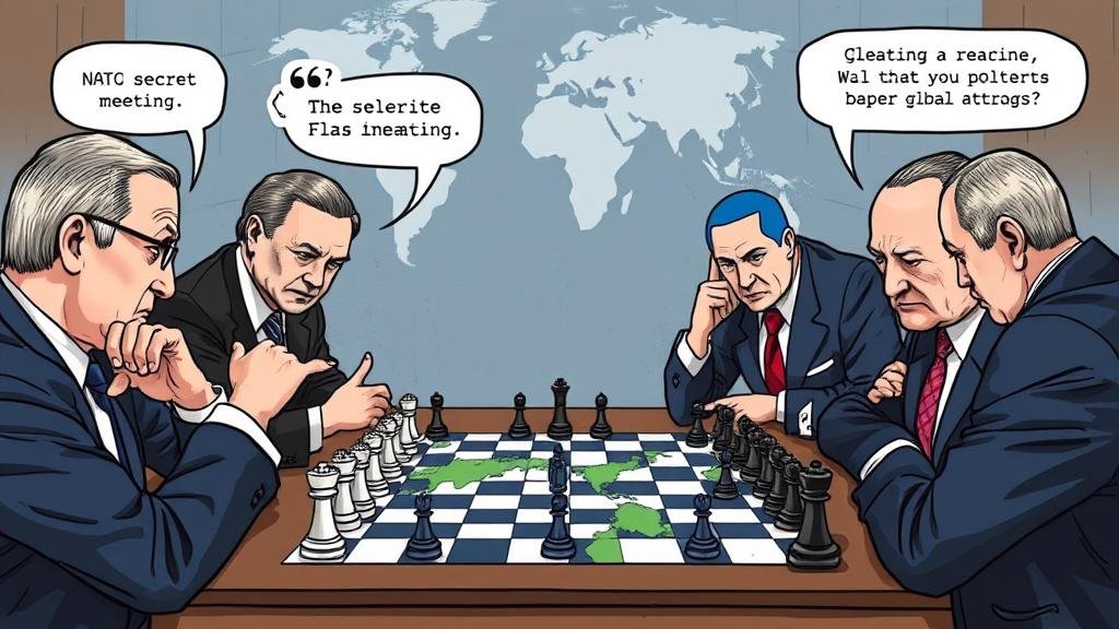 Illustrates the global reaction to the secret meeting, with concerned leaders from NATO and Ukraine viewing a geopolitical chess board.