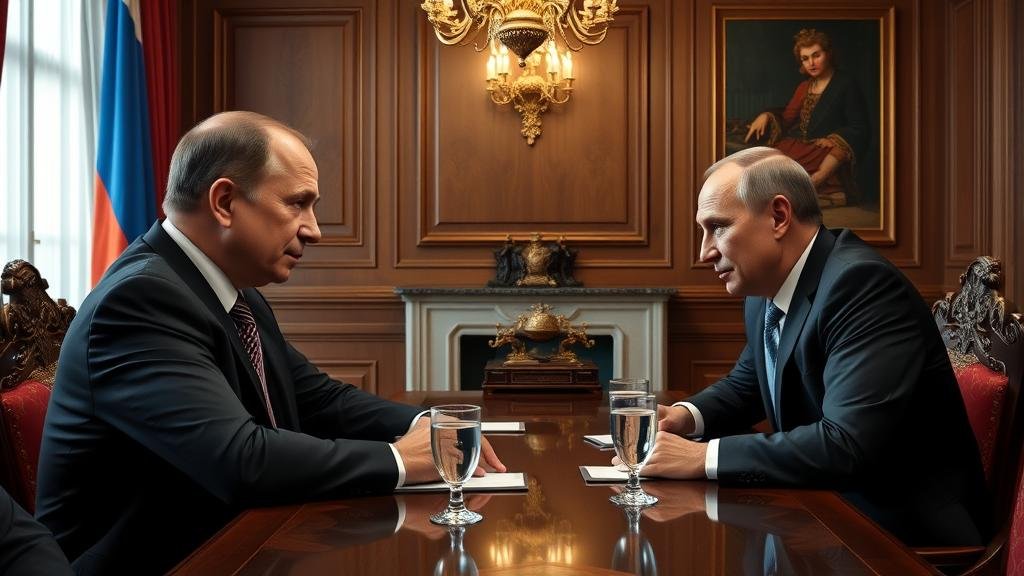 A depiction of the high-stakes, five-hour meeting between Vladimir Putin and real estate developer Steve Witkoff in Moscow, discussing a potential Trump peace plan for Ukraine.