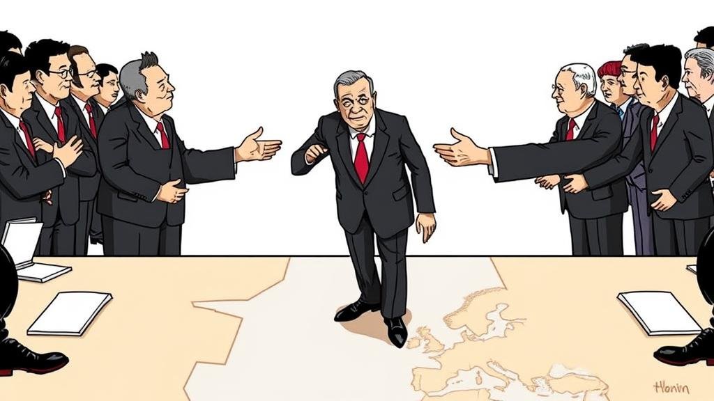 An illustration of the concept of 'back-channel diplomacy,' showing a real estate mogul cutting out professional diplomats to negotiate a peace deal directly, symbolizing a high-risk, high-reward strategy.