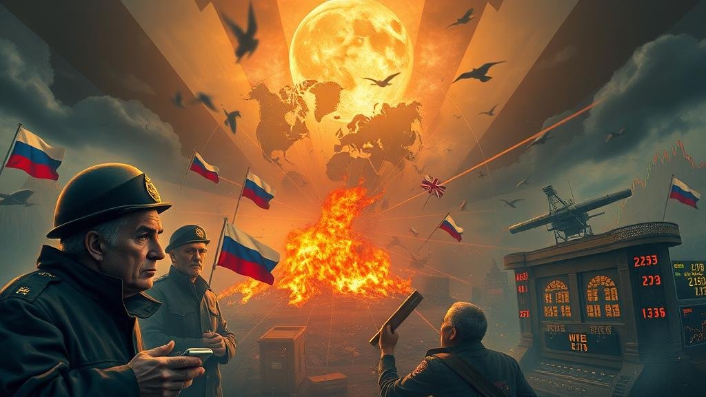 An image capturing the negative international reaction and geopolitical chaos, with European allies shown as anxious and the world economy (gas prices, markets) depicted as volatile and unstable.