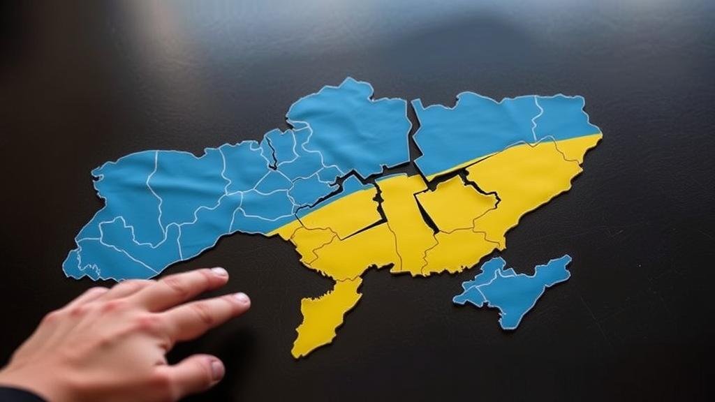 Hand moving pieces on a map of Ukraine, symbolizing territorial concessions.
