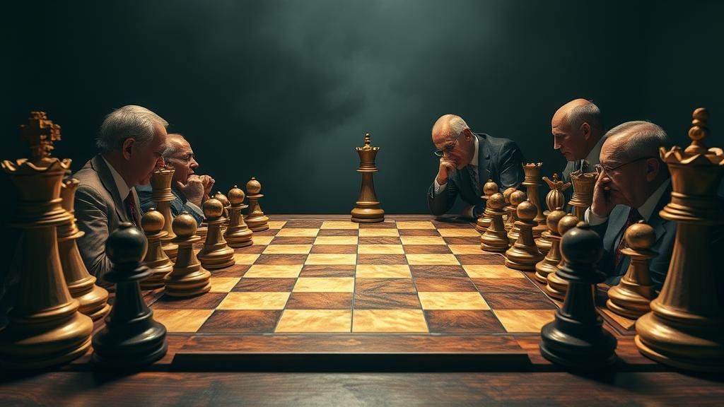 Global chessboard with world leaders as chess pieces, representing geopolitical strategy.