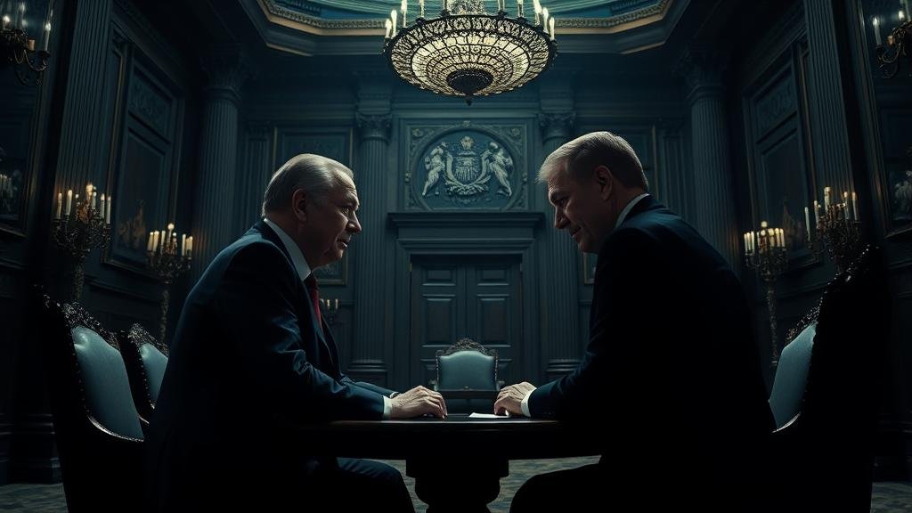 Clandestine meeting between a world leader and a real estate tycoon in a grand room.