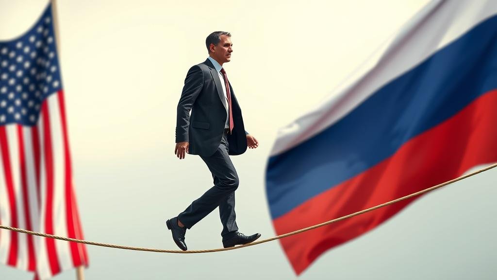 Businessman walking a tightrope between US and Russian flags, representing shadow diplomacy.