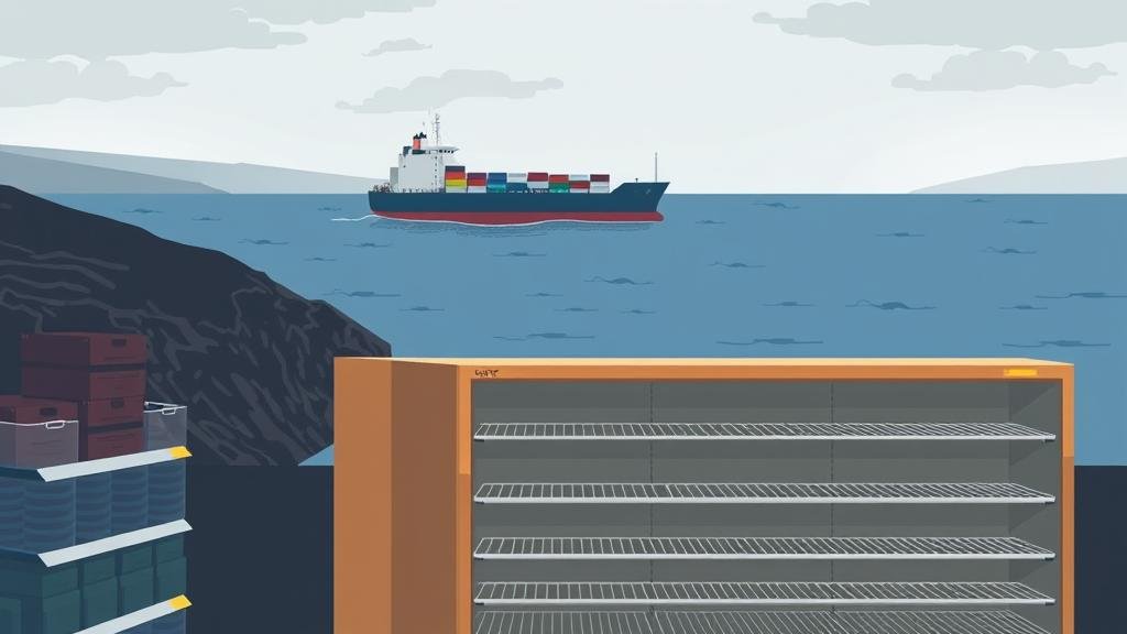 A stylized, slightly gloomy depiction of the UK coastline with a large cargo ship stuck at sea, unable to dock. In the foreground, a supermarket shelf is visibly empty, representing the supply chain issues and economic reality of Brexit.