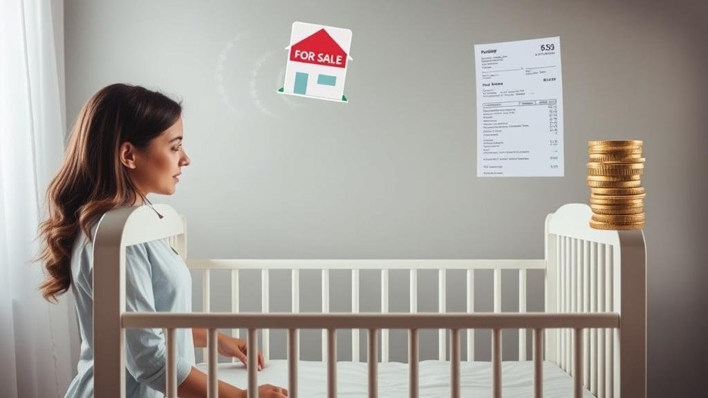 A young couple is seen looking into an empty baby crib. Ghostly images of a house with a 'For Sale' sign, a receipt for childcare, and a precarious stack of coins float above them, symbolizing the economic burdens preventing them from starting a family.