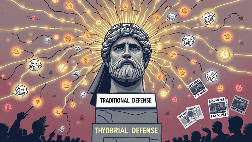 An illustrative artwork showing a giant, classical Greek statue labeled 'Traditional Defense' looking confused and unable to react as it is swarmed by a complex web of glowing digital lines, computer virus symbols, troll emojis, and fake news headlines, symbolizing the ineffectiveness of old strategies against modern hybrid warfare.
