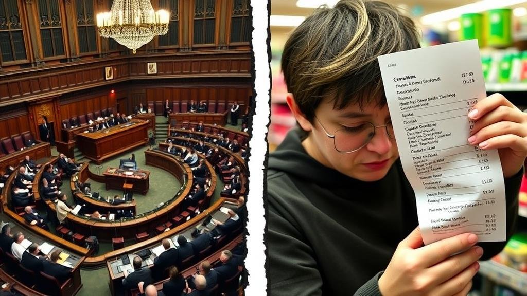 A split image showing a lively debate in the House of Commons on one side, and a stressed person staring at a long grocery receipt on the other. A literal chasm separates the two scenes.